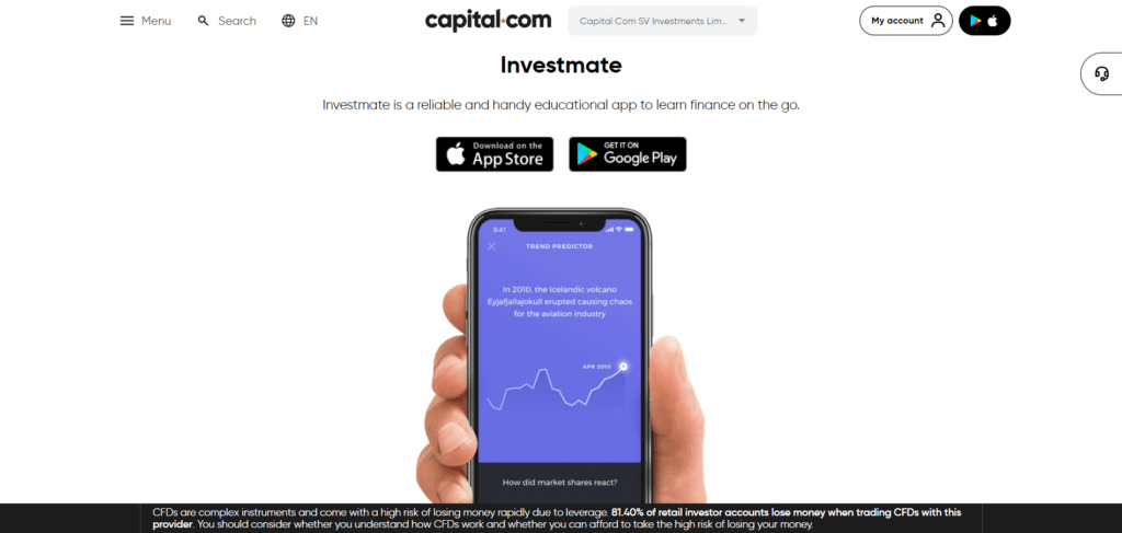 Immagine che mostra "Investmate" l'app educativa di Capital.com