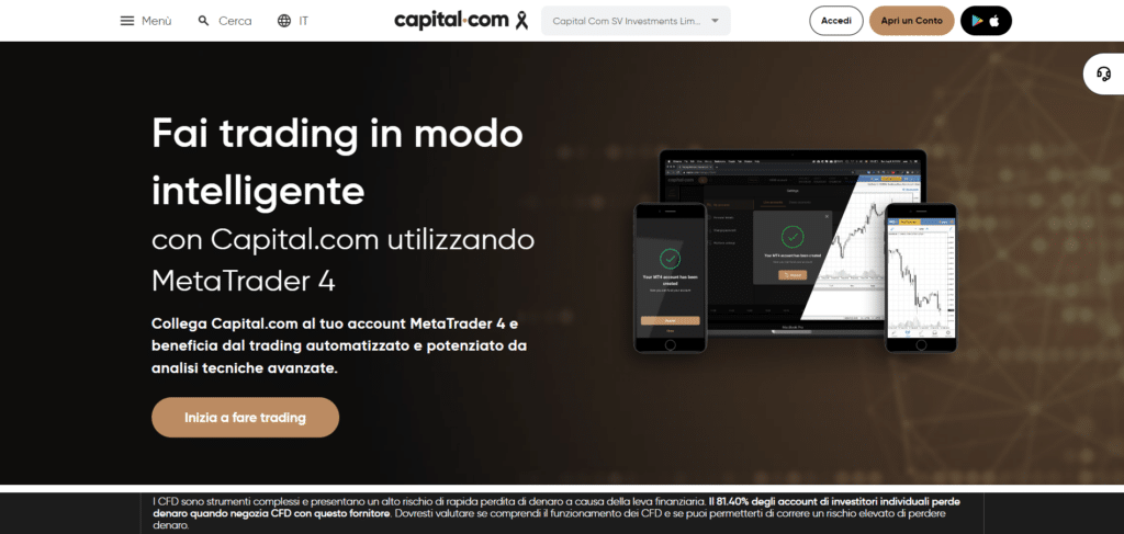 Immagine che mostra la possibilità di poter fare trading con MetaTrader 4 sulla piattaforma di Capital.com 