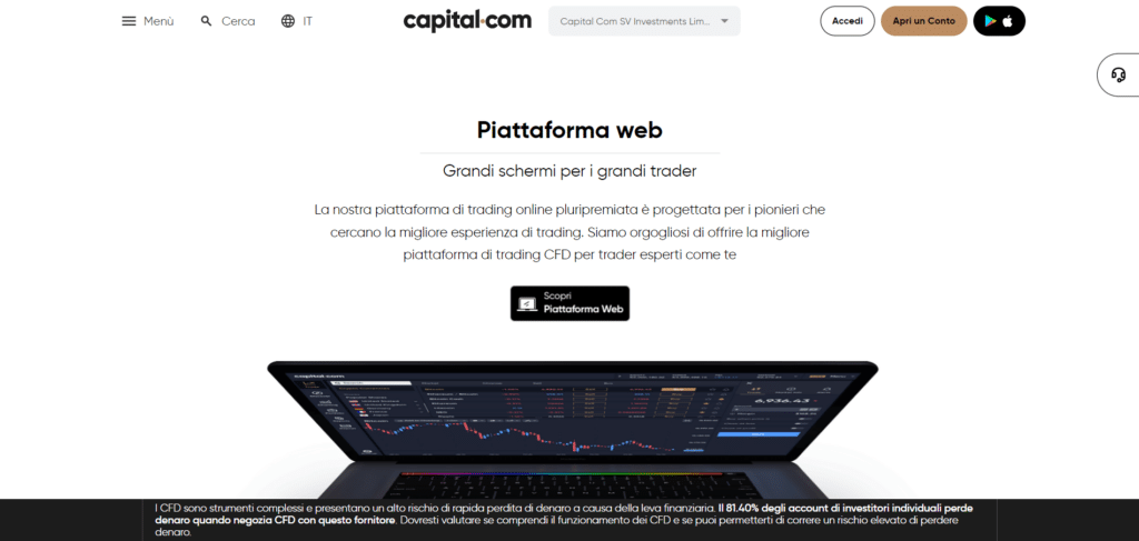 Immagine che mostra la pluripremiata piattaforma web di Capital.com