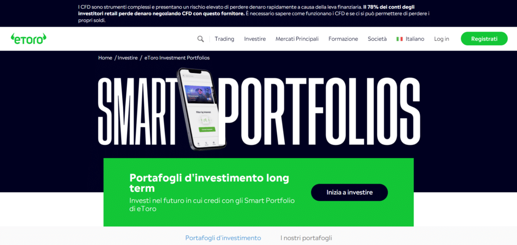 Immagine che mostra la possibilità di poter investire in Smart Portfolio tramite la piattaforma di trading di eToro.