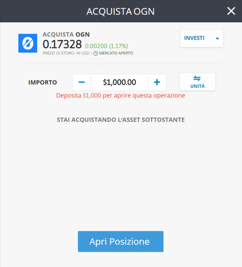 Screenshot della schermata per l'acquisto di Origin Protocol (OGN) sulla piattaforma di eToro.