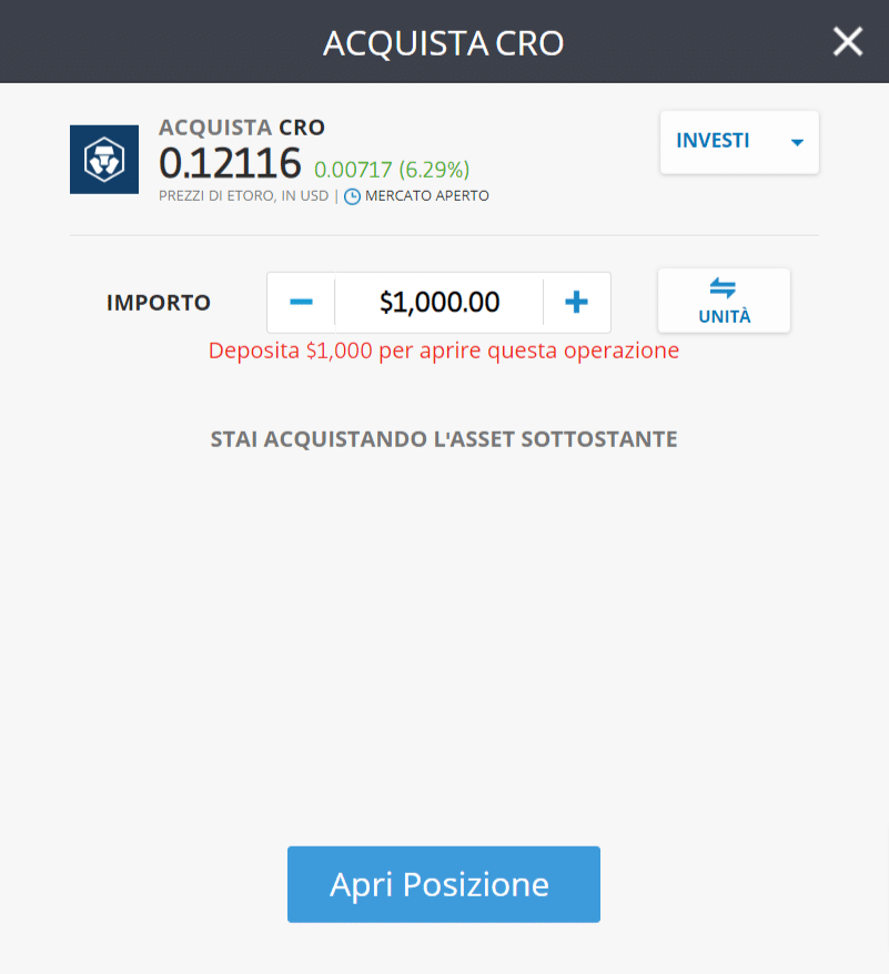 Screenshot della schermata per l'acquisto di Cronos (CRO)