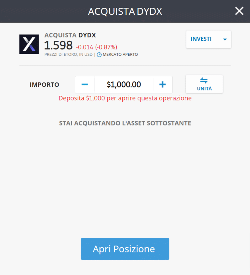 Screenshot della schermata per l'acquisto di dYdX (DYDX) sulla piattaforma di trading di eToro.