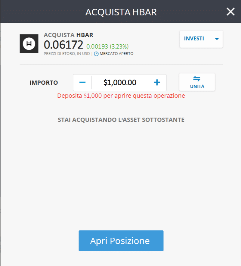 Screenshot della schermata per l'acquisto di Hedera Hashgraph (HBAR) sulla piattaforma di trading di eToro.