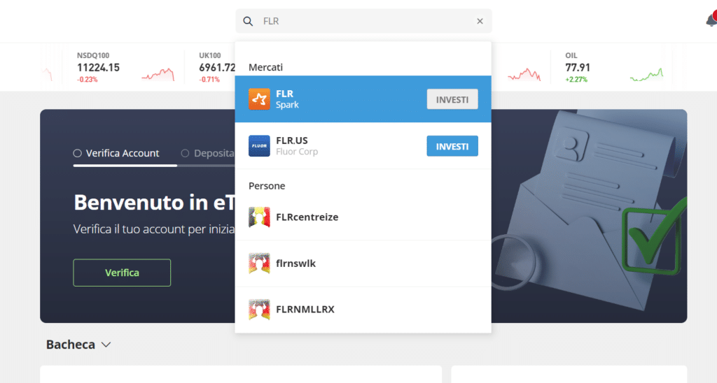 Screenshot della barra di ricerca presente sulla dashboard di eToro tramite la quale cercare "FLR" o "Spark".
