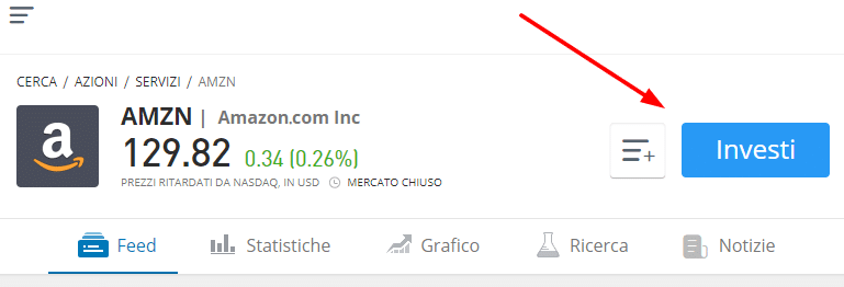 Cliccare su "INVESTI" per comprare azioni amazon su eToro