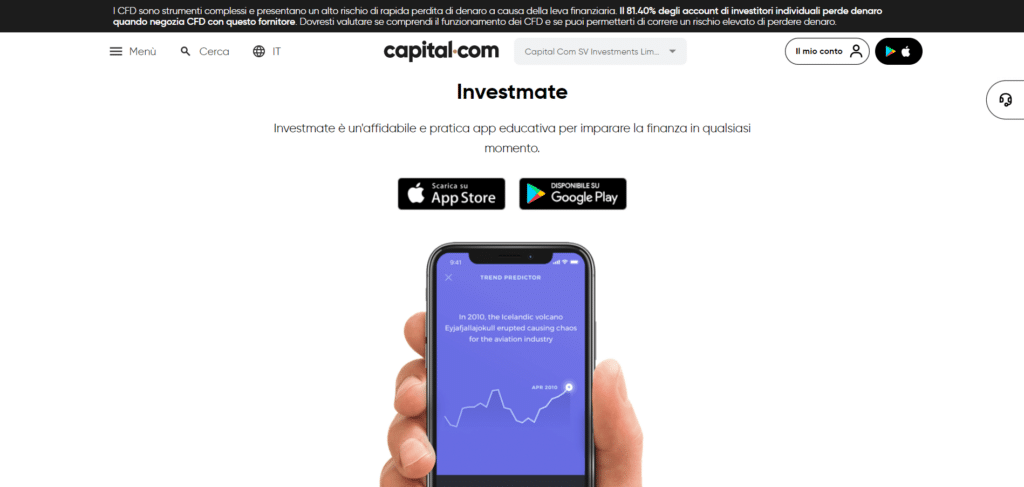 Immagine che mostra Investmate, l'app educativa offerta da Capital.com