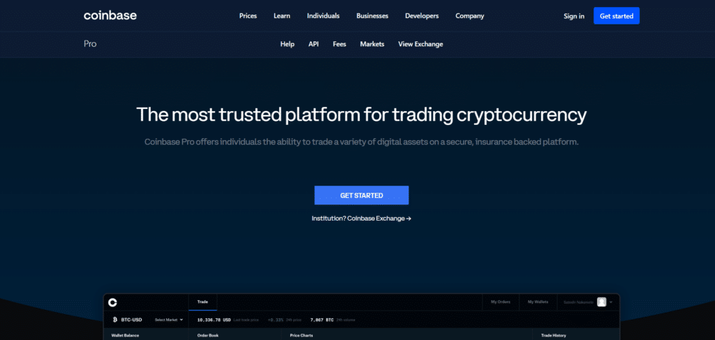 Immagine che mostra Coinbase Pro, la piattaforma di trading avanzata di Coinbase.