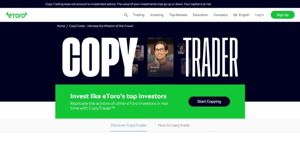 Immagine che mostra l'innovativo strumento di CopyTrading di eToro.