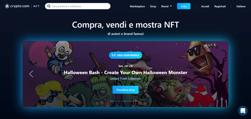 Immagine che mostra il mercato completamente dedicato agli NFT su Crypto.com.