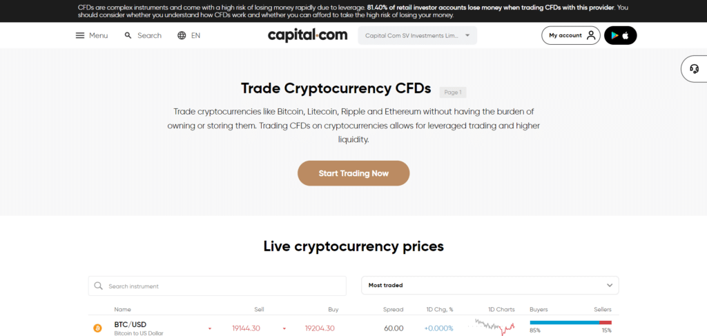 Immagine che mostra la possibilità di fare trading di CFD sulle criptovalute tramite Capital.com