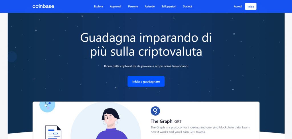 Immagine che mostra la possibilità su Coinbase di guadagnare criptovalute imparando.