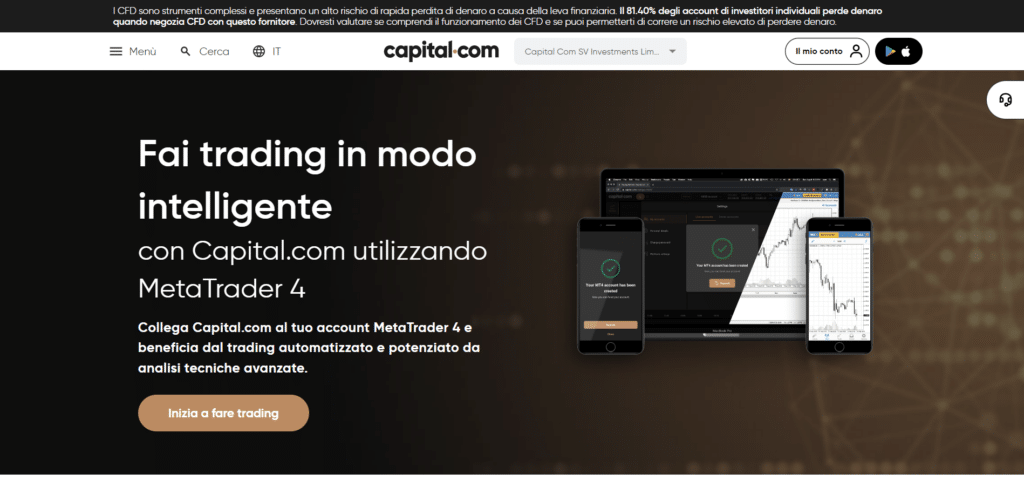 Immagine che mostra la possibilità su Capital.com di fare trading tramite la piattaforma di MetaTrader 4.
