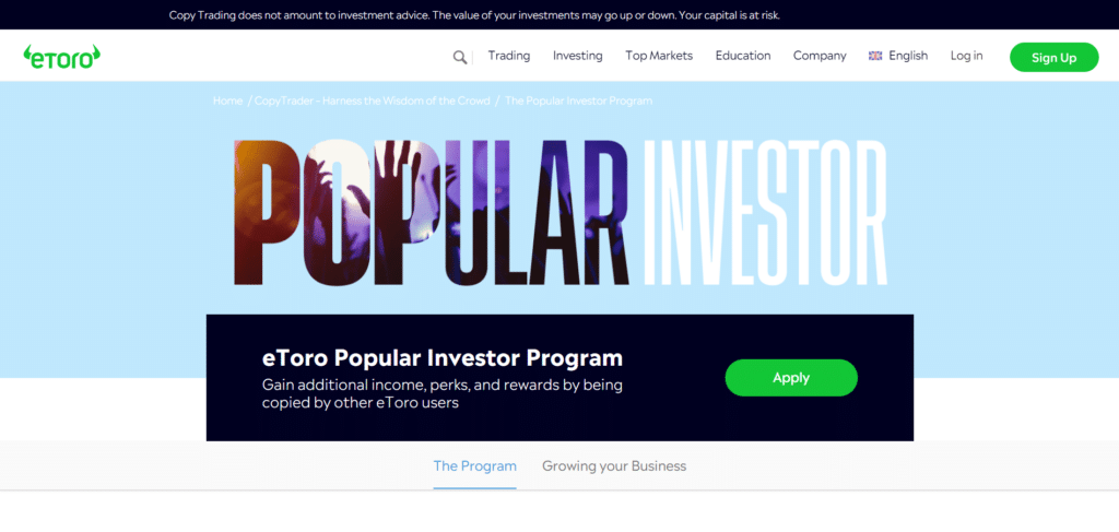 Immagine che mostra il Popular Investor Program offerto da eToro.