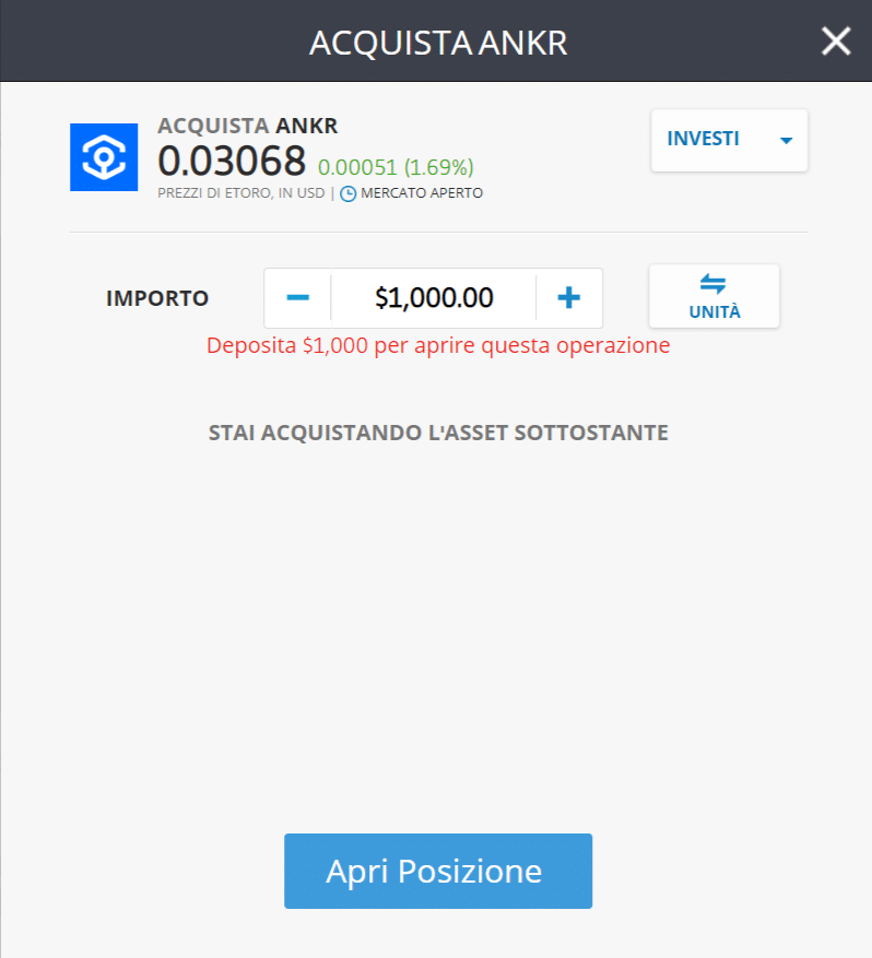 Screenshot della schermata per acquistare Ankr (ANKR) tramite la piattaforma di trading di eToro.