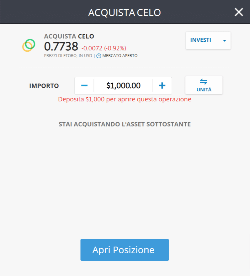 Screenshot della schermata per l'acquisto di Celo (CELO) sulla piattaforma di trading di eToro.