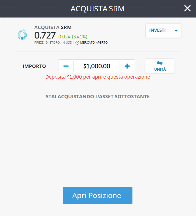 Screenshot della schermata per l'acquisto di Serum (SRM) sulla piattaforma di trading di eToro.