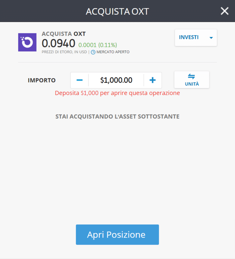 Screenshot della schermata per l'acquisto di Orchid (OXT) su eToro.