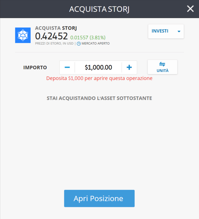 Screenshot della schermata per l'acquisto di Storj (STORJ) sulla piattaforma di trading di eToro.