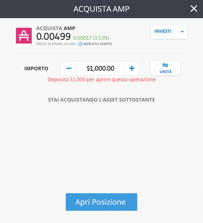 Screenshot della schermata per l'acquisto di Amp (AMP) sulla piattaforma di trading di eToro.