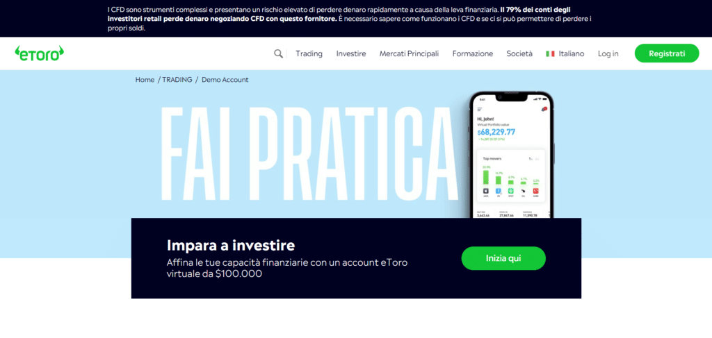 Immagine che mostra il conto demo gratuito offerto dalla piattaforma di trading di eToro.