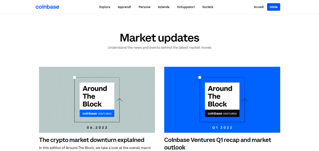 Immagine che mostra come Coinbase fornisca sul proprio sito continui aggiornamenti sul mercato delle criptovalute.