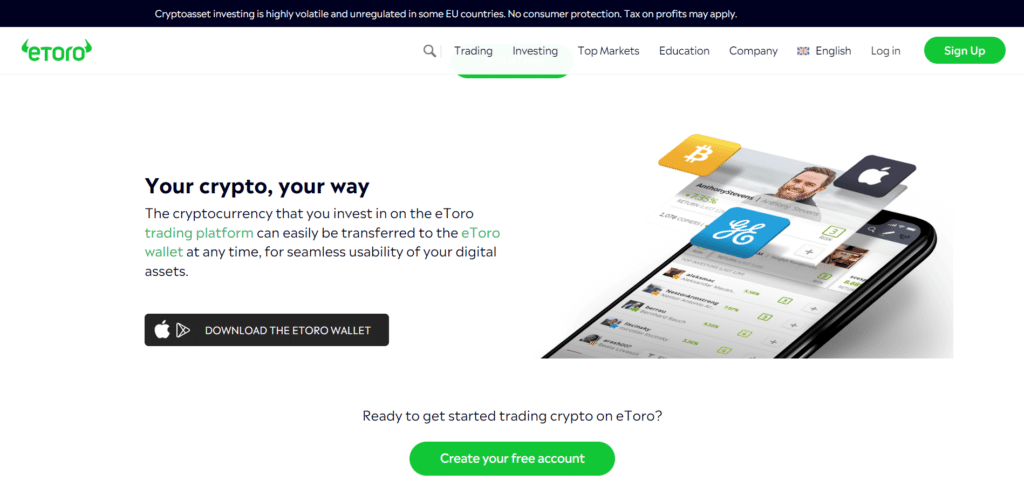 Immagine che mostra come eToro offra ai propri utenti un wallet virtuale completamente gratuito.