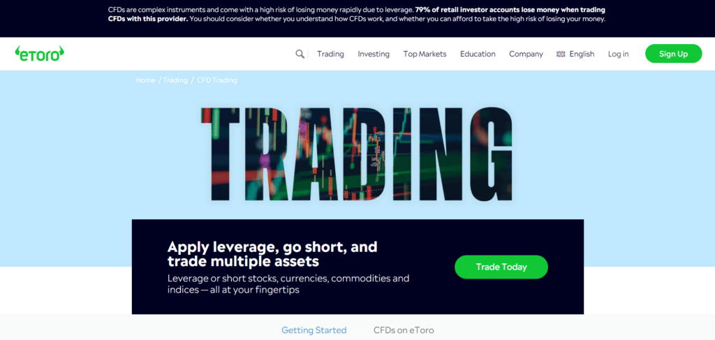 Immagine che mostra la possibilità di poter fare trading di CFD sulla piattaforma di eToro.