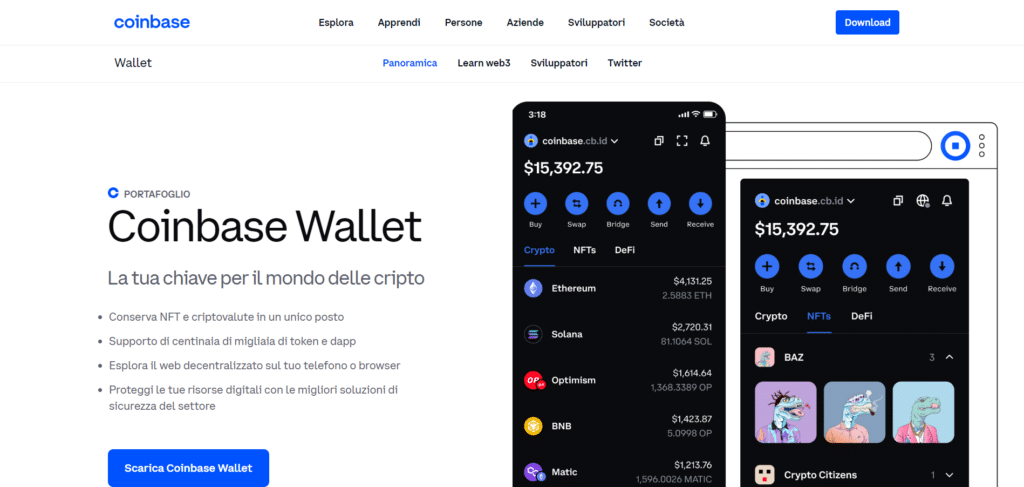 Immagine che mostra il wallet per le criptovalute offerto dalla piattaforma di Coinbase.