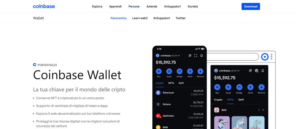 Immagine che mostra il wallet per le criptovalute offerto gratuitamente da Coinbase.