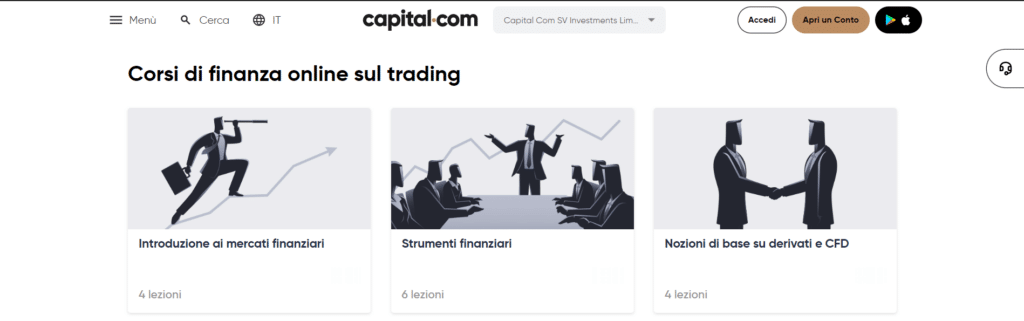 Immagine che mostra i vari contenuti educativi offerti da Capital.com
