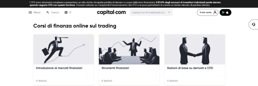 Immagine che mostra alcuni dei corsi gratuiti offerti dalla piattaforma di Capital.com.