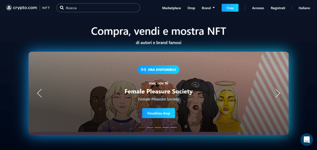 Immagine che mostra il mercato NFT offerto dalla piattaforma di Crypto.com