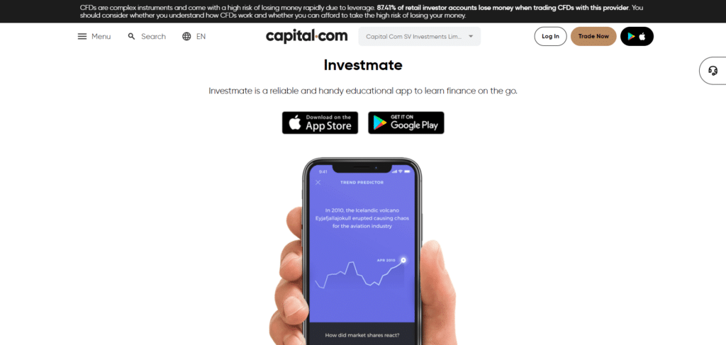 Immagine che mostra l'app gratuita di Capital.com, Investmate, che ti consente di imparare di più sul trading di CFD.