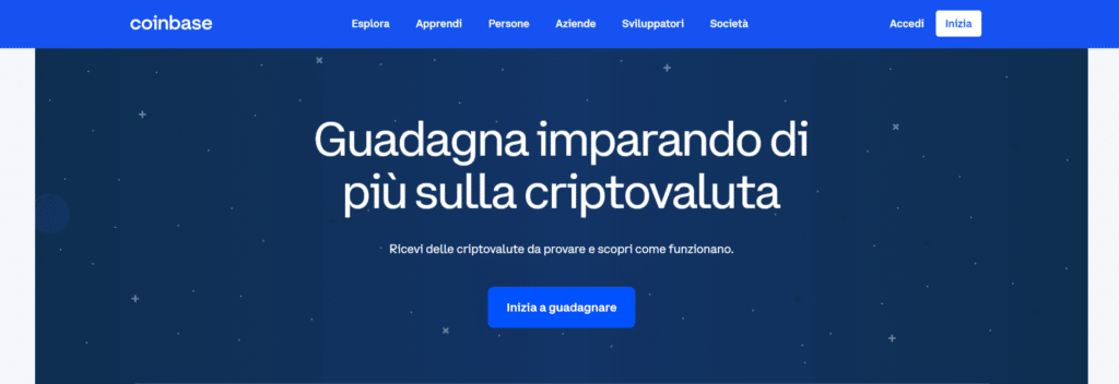Immagine che mostra la possibilità di poter imparare criptovalute imparando grazie a Coinbase Earn.