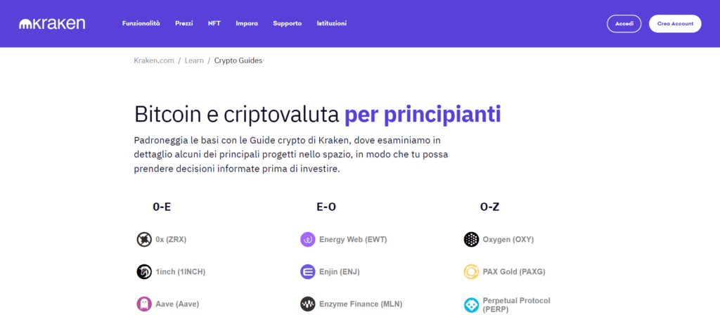 Immagine che mostra i contenuti educativi gratuiti offerti da Kraken.