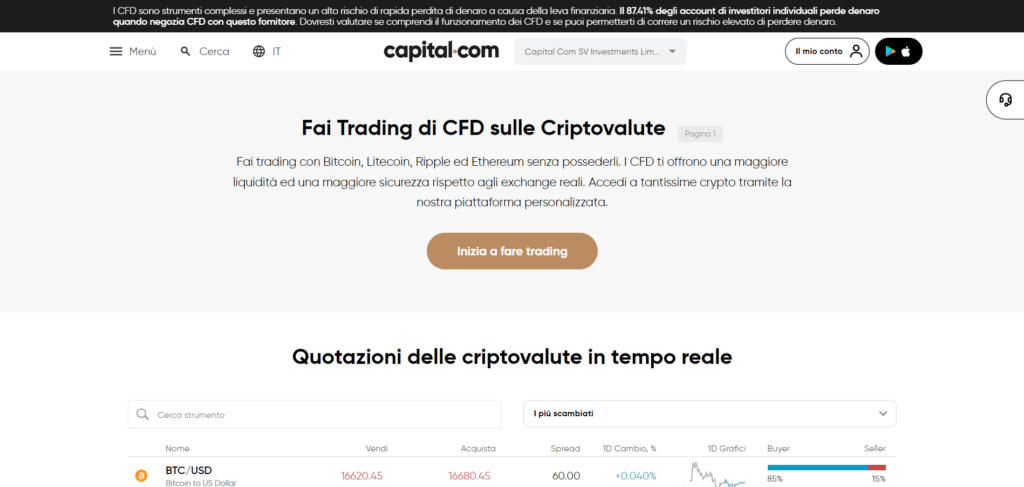 Immagine che mostra la possibilità di fare trading di CFD su criptovalute tramite la piattaforma di Capital.com