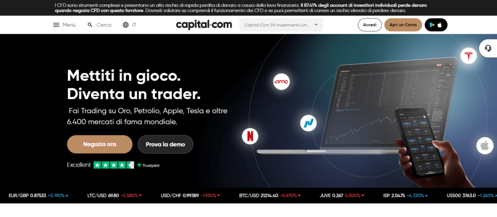 Immagine che mostra la possibilità di poter fare pratica con il trading di CFD grazie al conto demo gratuito offerto da Capital.com