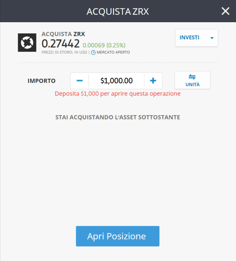 Screenshot della schermata per l'acquisto di 0x (ZRX) sulla piattaforma di trading di eToro.