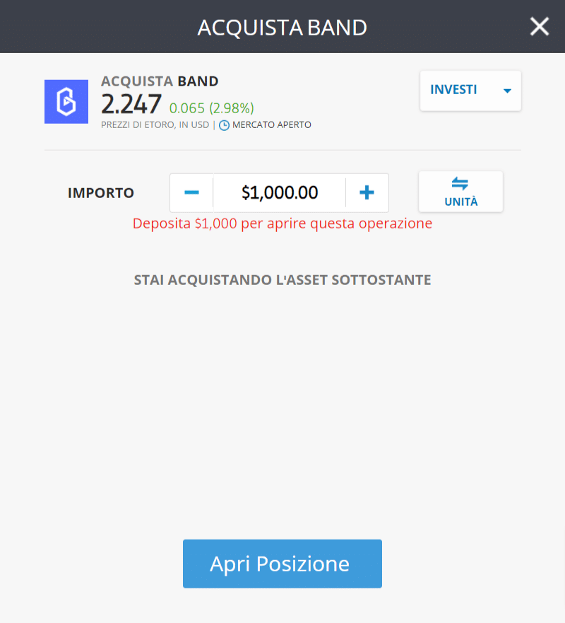 Screenshot della schermata di acquisto di Band Protocol (BAND) sulla piattaforma web di eToro.