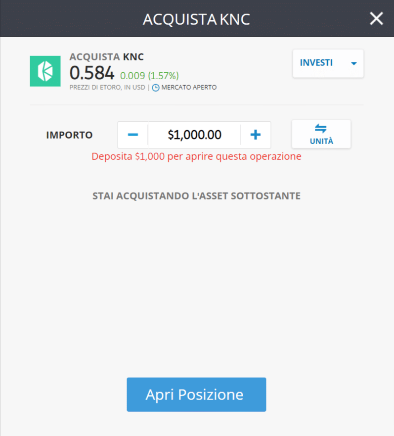 Screenshot della schermata per l'acquisto di Kyber Network (KNC) sulla piattaforma di trading di eToro.