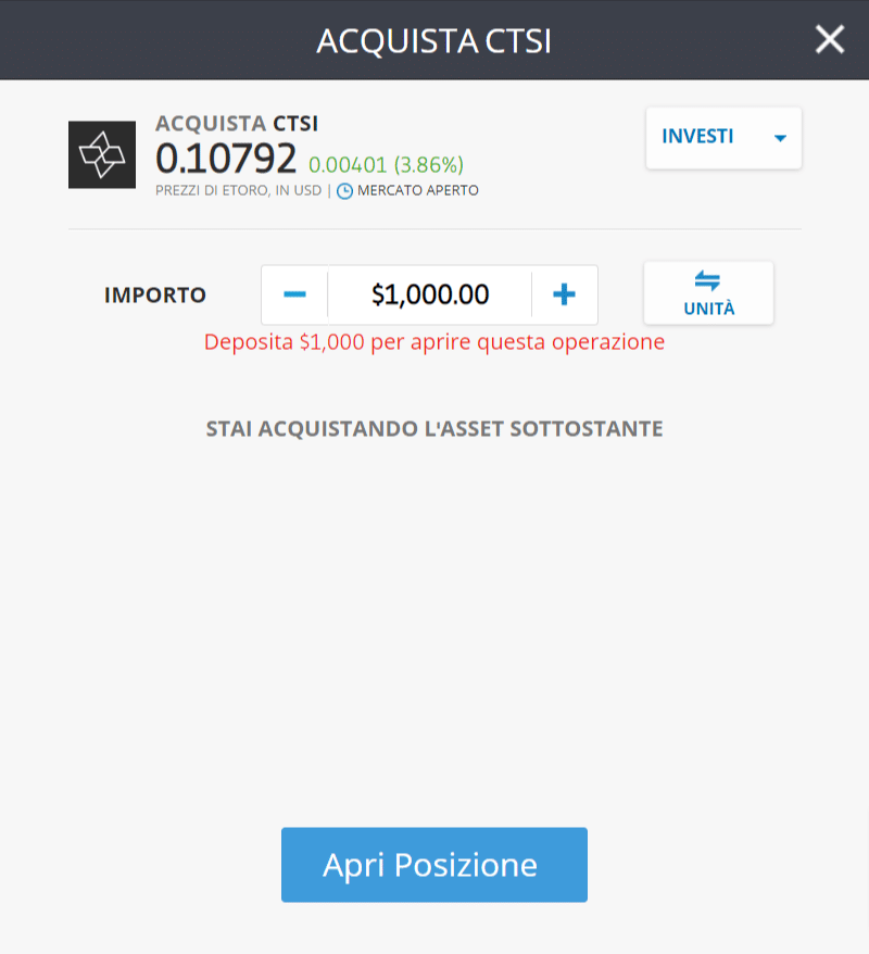 Screenshot della schermata per il trading di Cartesi (CTSI) sulla piattaforma di eToro.