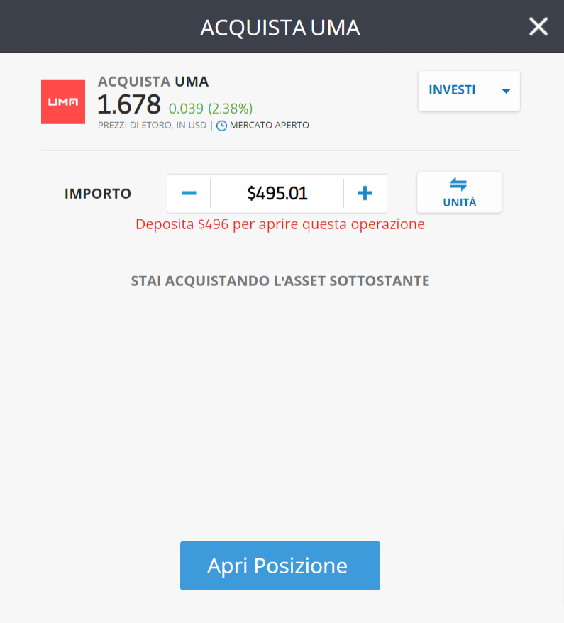 Screenshot della schermata per l'acquisto di UMA sulla piattaforma di trading di eToro.