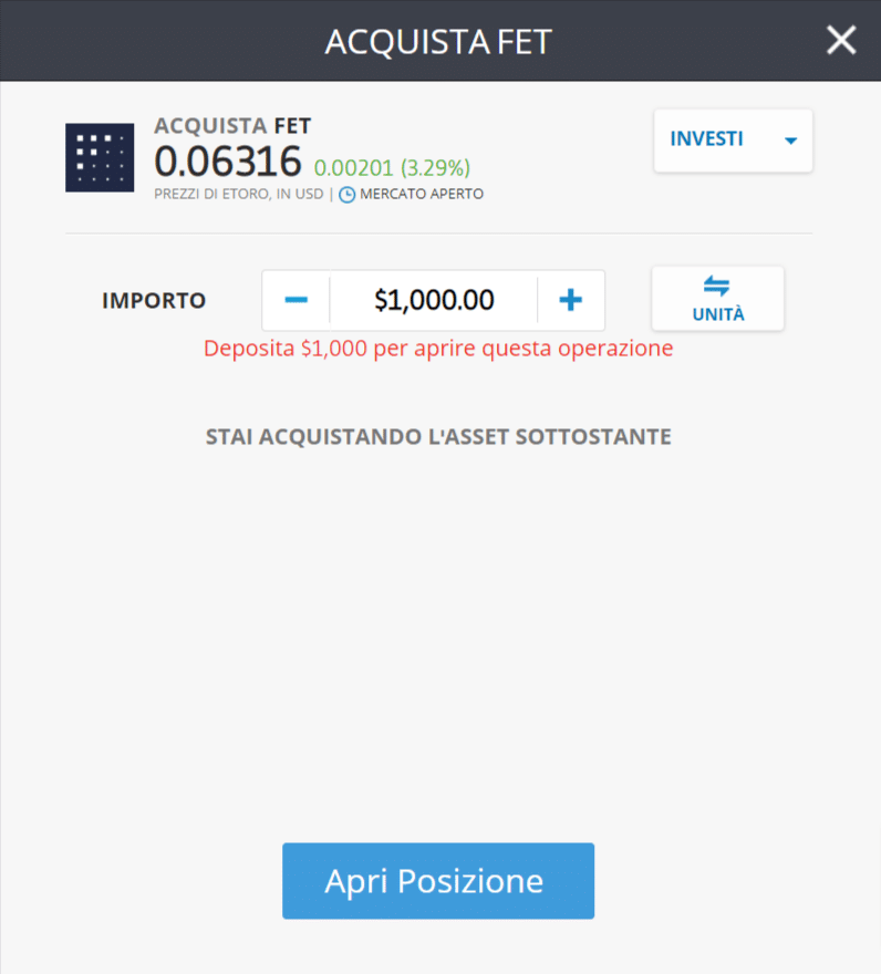 Screenshot della schermata di acquisto della criptovaluta Fetch.ai (FET) sulla piattaforma di trading di eToro.