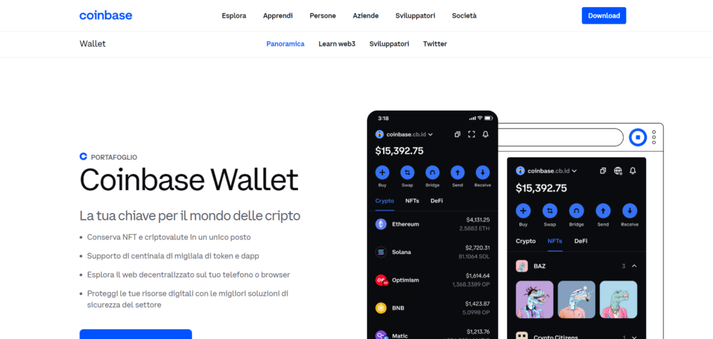 Immagine che mostra il wallet offerto gratuitamente da Coinbase, sul quale conservare le tue criptovalute e i tuoi NFT.