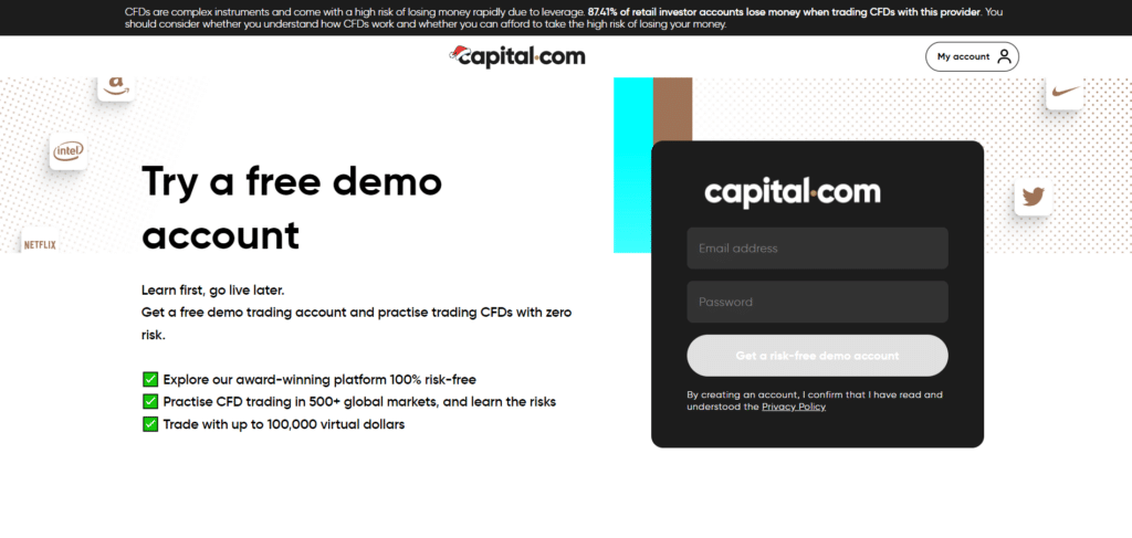 Immagine che mostra il conto demo completamente gratuito offerto da Capital.com.