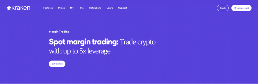 Immagine che mostra la possibilità di fare trading di criptovalute con leva finanziaria sulla piattaforma di trading di Kraken.