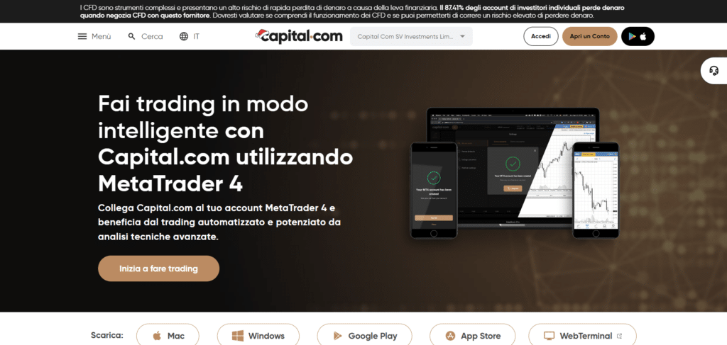 Immagine che mostra la possibilità di poter fare trading sulla piattaforma di MetaTrader 4 con l'account di Capital.com
