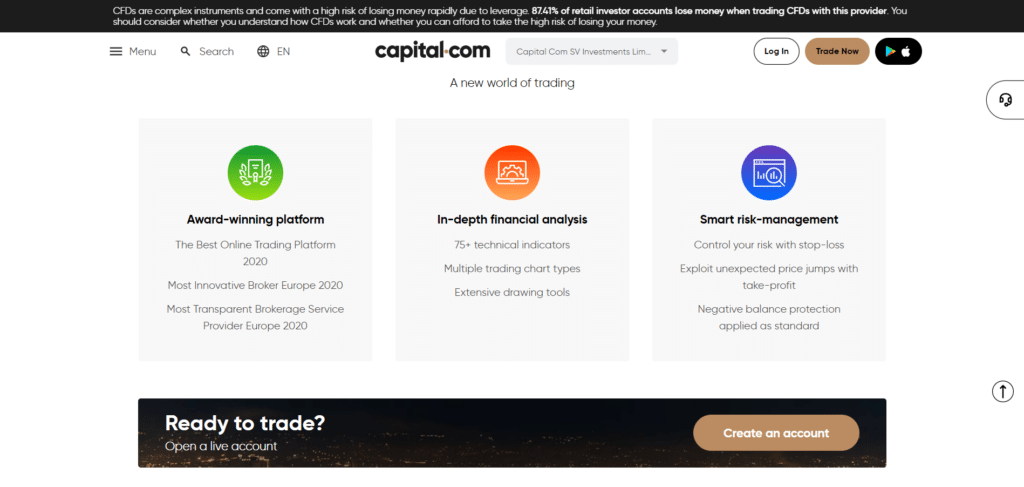 Immagine che mostra alcune delle caratteristiche della piattaforma di web trading di Capital.com 