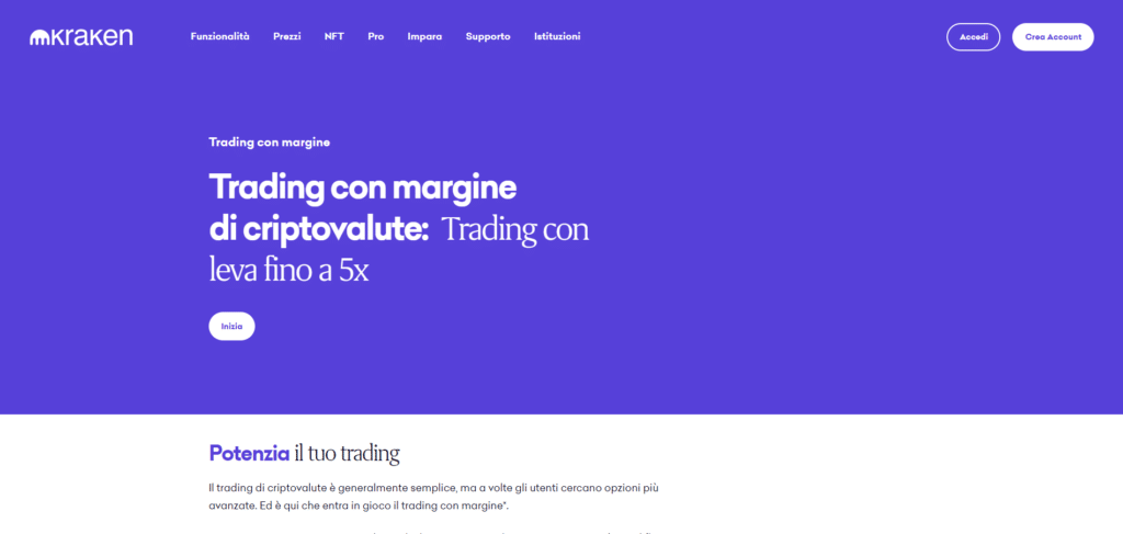 Immagine che mostra come kraken offra ai propri utenti la possibilità di poter fare trading di criptovalute con la leva finanziaria.